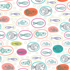 Vector seamless pattern with hand drawn funny fishes in sketch style. Decorative endless marine background. Fabric design.