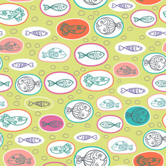 Vector seamless pattern with hand drawn funny sketch style fishes in bubbles. Decorative endless marine background. Fabric design.