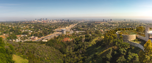 Los Angeles cityscape panorama with botanical garden nd highway