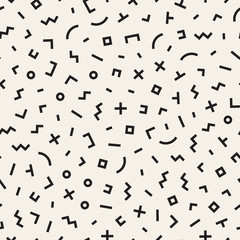 Scattered Geometric Shapes. Inspired by Memphis Style. Abstract Background Design. Vector Seamless Black and White Irregular Pattern.