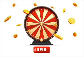 Obraz premium wheel of fortune with gold coins 3d object isolated on blue glow