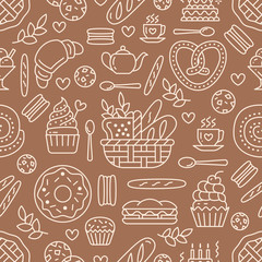 Bakery seamless pattern, food vector background of brown, white color. Confectionery products thin line icons - cake, croissant muffin, pastry, cupcake, pie. Cute repeated illustration for sweet shop.