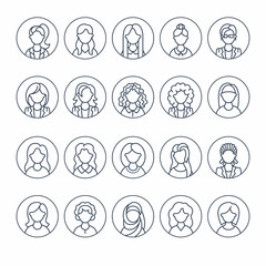 People line icons, business woman avatars. Outline symbols of female professions, secretary, manager, teacher, student. Young girls thin linear circle signs.