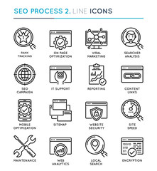 SEO Search Engine Optimization process thin line icon set. Edita