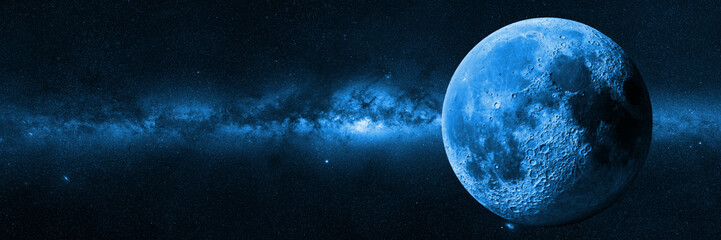 Moon in front of the Milky Way galaxy (blue 3d illustration, background banner)