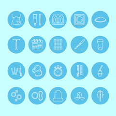 Contraceptive methods line icons. Birth control equipment, condom, oral contraceptives, iud, barrier contraception vaginal ring, sterilization. Safe sex thin linear sign for medical clinic. Blue color