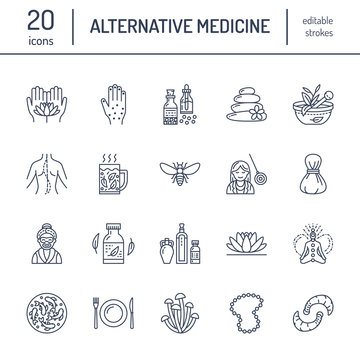 Alternative medicine line icons. Naturopathy, traditional treatment, homeopathy, osteopathy, herbal fish and leech therapy. Thin linear signs for health care center. color.