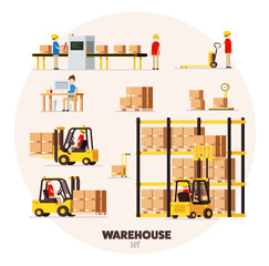 warehouse logistic background isometric objects car human forkli