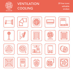 Ventilation equipment line icons. Air conditioning, cooling appliances, exhaust fan. Household and industrial ventilator thin linear signs for store.