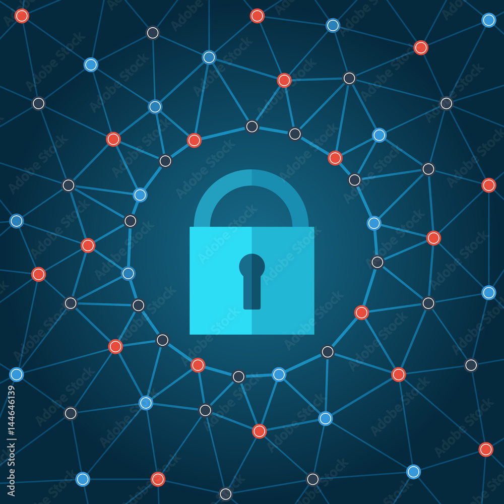Poster Global IT security protection concept. Web background with closed padlock and lines connecting dots.