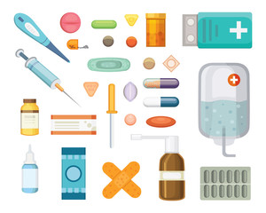 Cartoon medicaments. Different medical pills and bottles, healthcare and shopping, pharmacy, drug store. Vector illustration in flat style