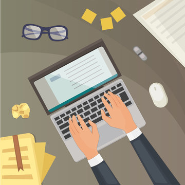Flat design top view on desk concept Design. Blogging illustration laptop and hands