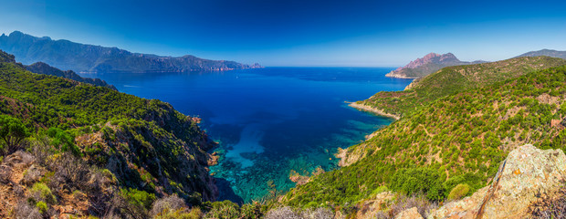 Fototapeta na wymiar View from famous D81 coastal road with view of Golfe de Girolata from Bocca Di Palmarella, Corsica, France, Europe.