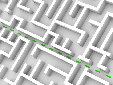 huge white maze structure, green arrows showing shortcut through the maze garden (3d illustration)