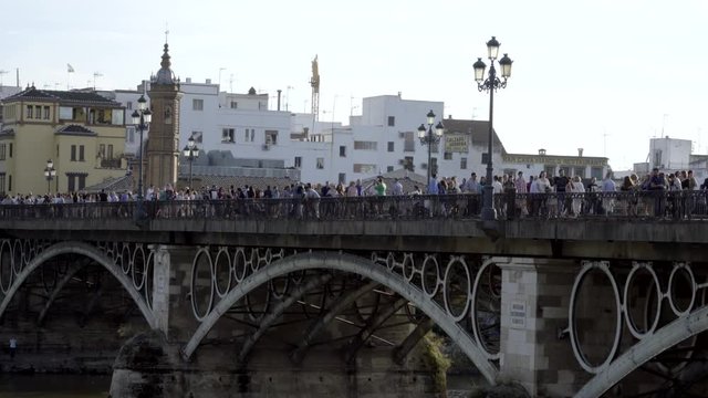 SEVILLE, SPAIN - APRIL 14: Triana bridge and Guadalquivir river. April 14, 2017 in Seville, Spain.