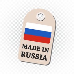 Hang tag made in Russia with flag. Vector illustration on isolated background.