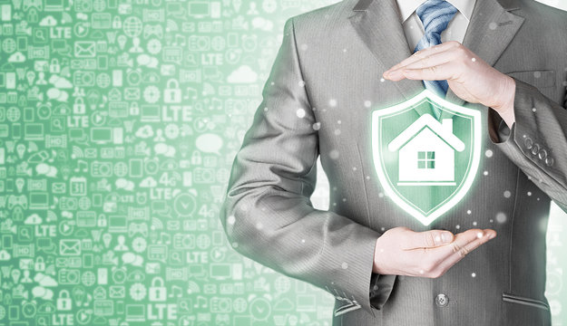 House protection and insurance. Home shield. Real estate safety. Icons background. Communication and Internet.