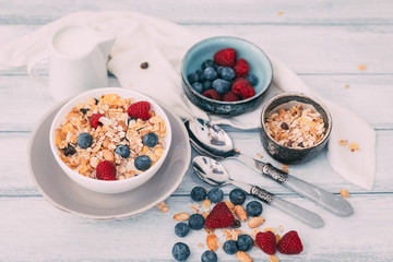 Bowl of homemade granola with yogurt and fresh berries