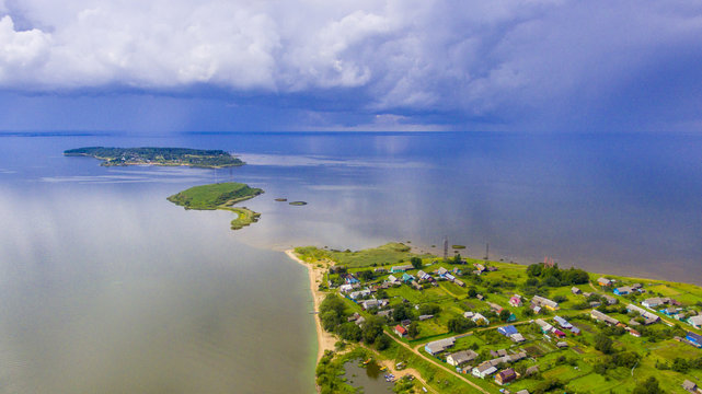 Aerial view on Pskov Lake and Talabski Islands