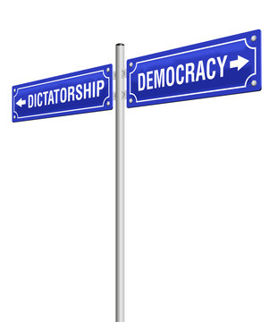DICTATORSHIP and DEMOCRACY, written on two signposts in opposite directions. Isolated vector illustration on white background.