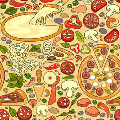 Vector seamless pattern of hand drawn colorful pizza ingredient 