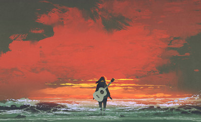 Naklejka premium kobieta z gitarą na plecach stojąc na morzu o zachodzie słońca, malowanie ilustracji