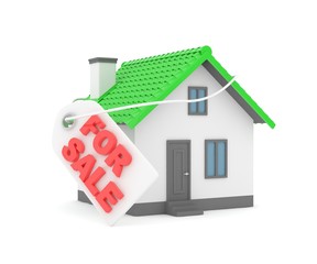 Miniature model of house real estate for sale label on white background. 3D rendering.