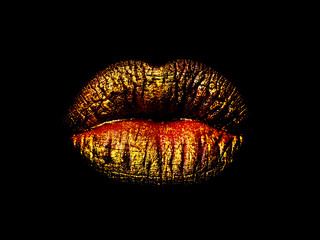 Golden lips on black background. Lipstick made of gold for women's beautiful lips