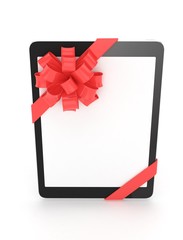 Black tablet with red bow and empty screen. 3D rendering.