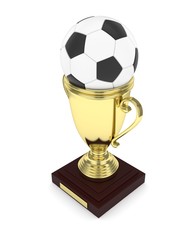 Golden cup and ball on white background. 3D rendering.