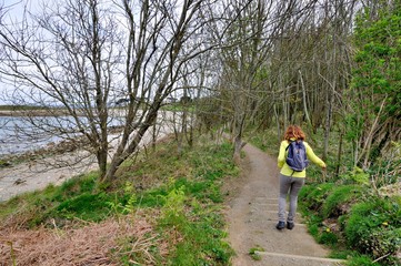 Obraz premium Une randonneuse sur le sentier côtier GR32 en Bretagne dans le Trégor, Côtes d'Armor