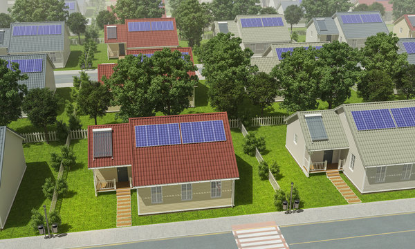 3D design image of houses with solar panels on their roofs