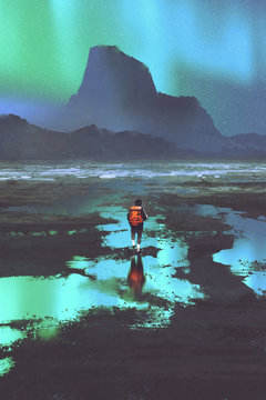 night scenery of hiker with backpack looking at mountains and colorful light in the sky, illustration painting