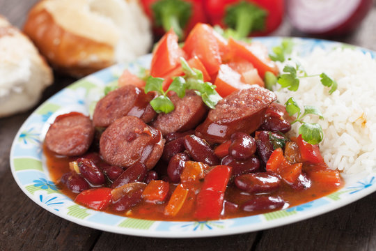 Rice and red kidney beans with sausage