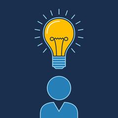 Person with lit bulb above head, New idea business illustration vector