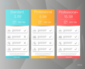 Three tariffs banners. Web pricing table. Vector design for web app. Price list.
