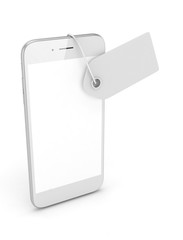 White smart phone with white price tag on white background. Identification, price, label. 3D rendering.