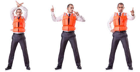Obraz premium Businessman with rescue safety vest on white