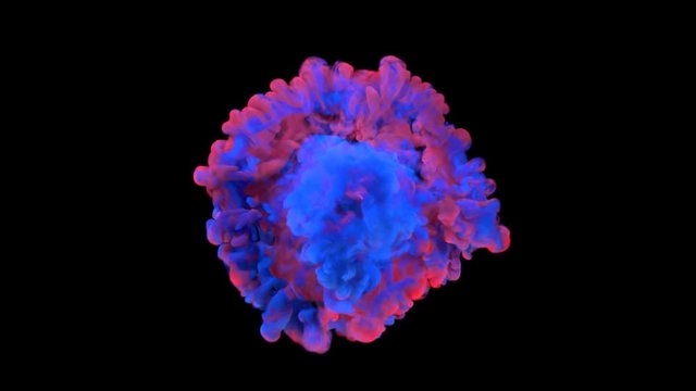 Color paint drops in water in slow motion. Ink swirling underwater. Cloud of silky ink collision isolated on black background. Colorful abstract smoke explosion animation. Top camera view from above.