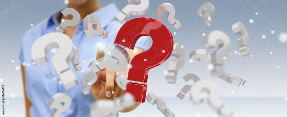 Aufkleber Businesswoman using 3D rendering question marks