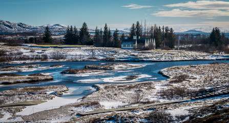 A Church by the lake at Thingvellir national park in Iceland