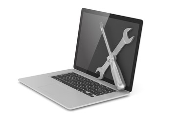 3D Illustration Wrench and screwdriver on laptop, service concept