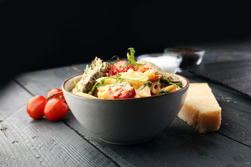 Whole Wheat Pasta Salad with Fresh Arugula, Mozzarella, Roasted Red Bell Peppers and Pesto Sauce