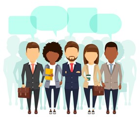 A group of office staff lined up. Speech bubbles over their heads. Without a face. Cartoon. In flat style on white background.