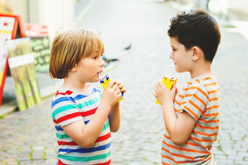 Group of two little boys drinking juice on a hot summer day