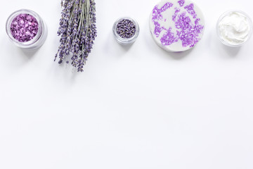 organic cosmetic with lavender salt on white background top view mock up