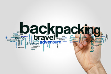 Backpacking word cloud on grey background