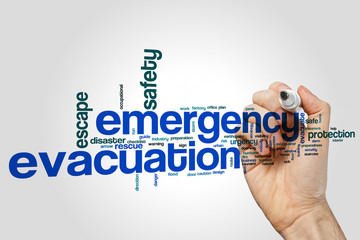 Emergency evacuation word cloud concept on grey background