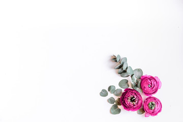 Modern spring design with flowers on white background top view moke up