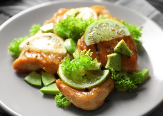 Plate of delicious tequila lime chicken, closeup